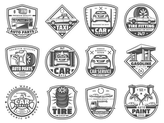 Vector car service and garage vector icons