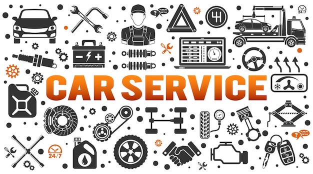 Car service horizontal banner. diagnostics, car repair, assistance, tire service for poster, web site, advertising. Flat icons like mechanic, tow truck, spark plug. isolated vector illustration