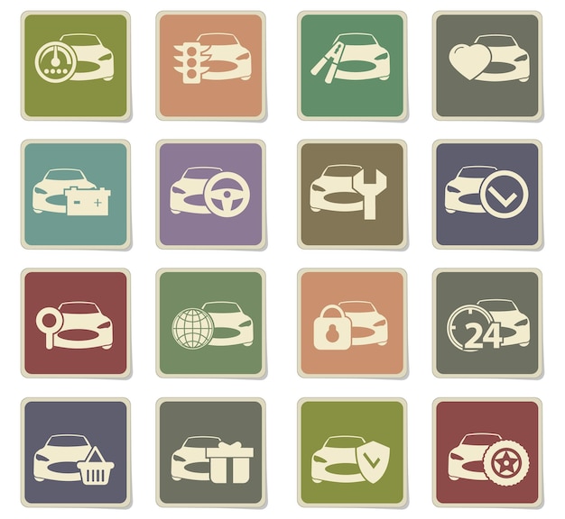 Car service icons on square paper stickers with shadow