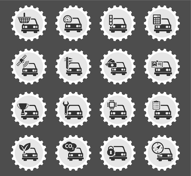 Car service icons on stylized round postage stamps