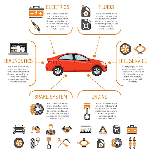 Car Service Infographics with Icons for Web Site Advertising like Brake Battery Oil