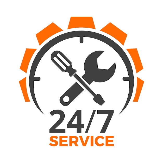 Car service logo design template with 24h, gear, screwdriver and wrench. Repair, maintenance, assistance, spare parts services. isolated vector illustration