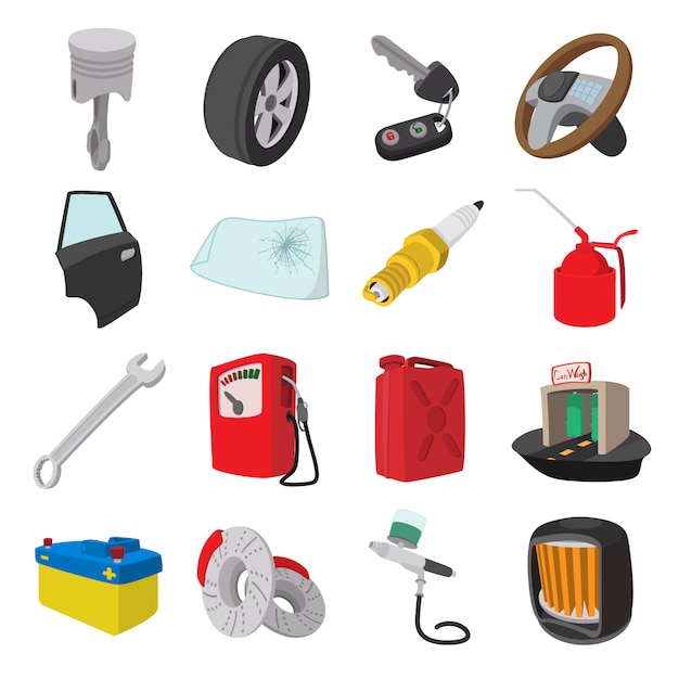 Car service maintenance cartoon icons set isolated