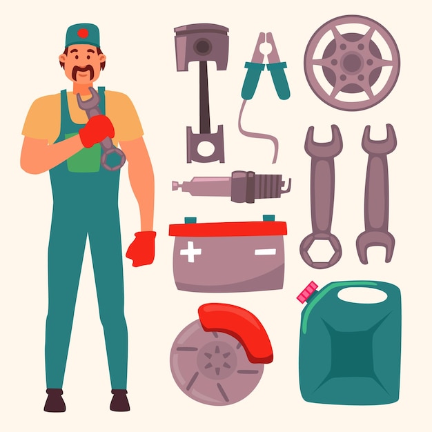 Car Service Mechanic Character Tool Equipment Objects with Wrench, gasoline jerrycan, tire wheels