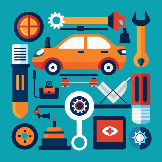 Vector car service and repair with flat design elements