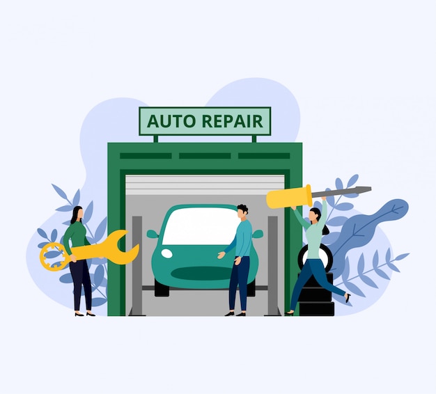 Car service and repair, workers fixing car, business concept vector illustration