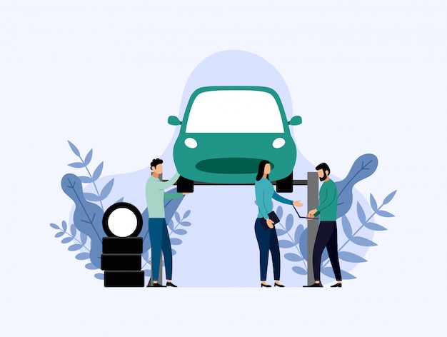 Car service and repair, workers fixing car, business illustration