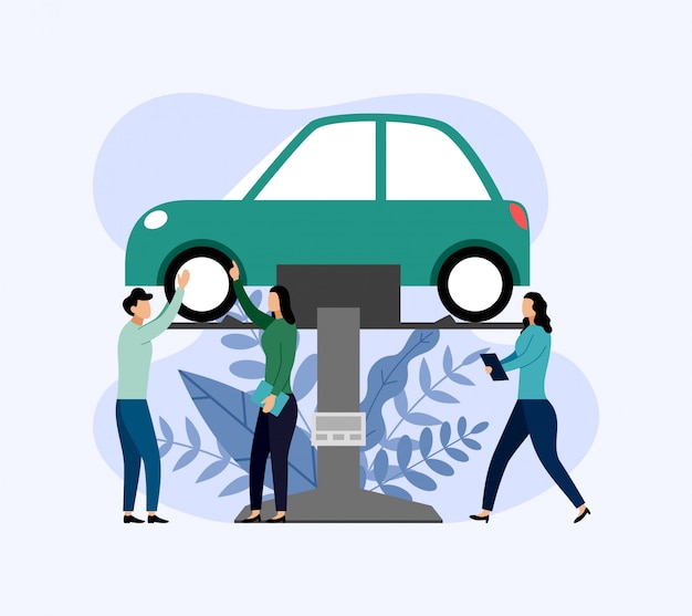 Car service and repair, workers fixing car, business illustration