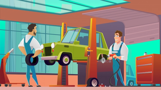 Car Service Workers at Workshop Cartoon 