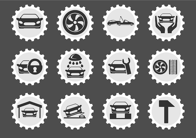 Car services icons on stylized round postage stamps