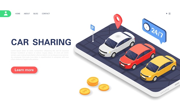 Car sharing concept banner. Parking with cars for customers on the smartphone screen. Vector isometric illustration.