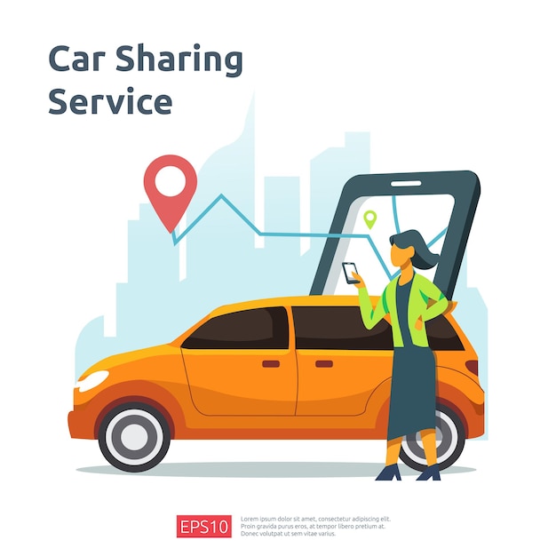 Car sharing illustration concept. online taxi or rent transportation using smartphone service application with character and route points location on gps map for landing page, banner, web, UI, flyer