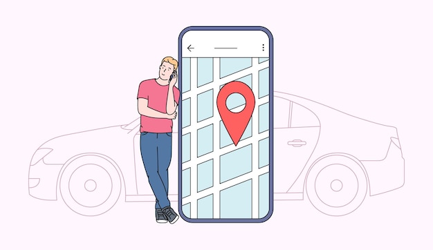 Car sharing and online application concept. Young man near smartphone screen with route and location point on a city map with car