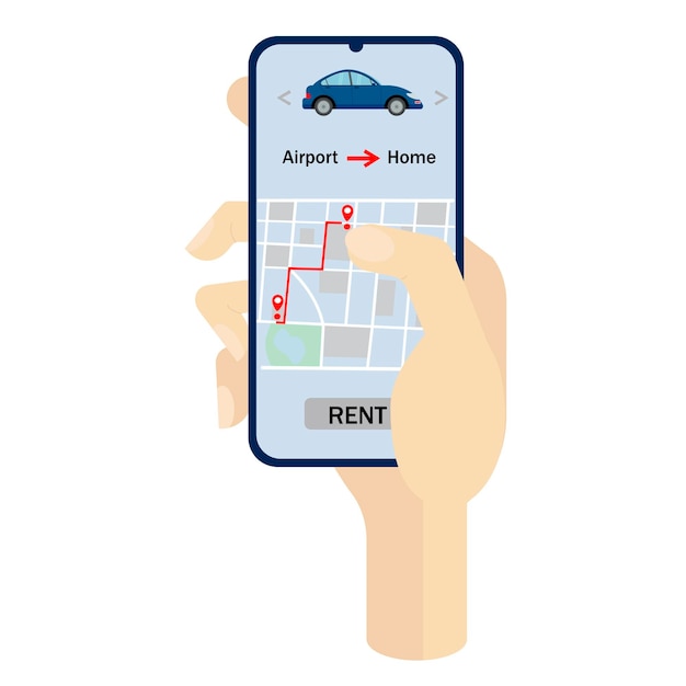 Car sharing and rental concept with smartphone and city map Vector illustration on white background