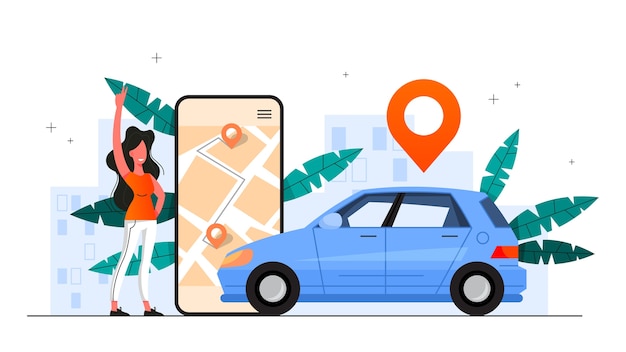 Car sharing service concept. Idea of vehicle share and transportation. Mobile application for automobile renting.    illustration