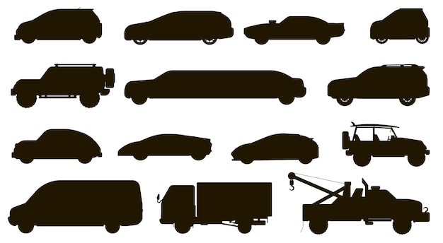 Car silhouette. Different automobiles type. Isolated hatchback, CUV, van, tow truck, sedan, taxi, SUV car vehicle flat icon collection. City auto motor transport types and transportation