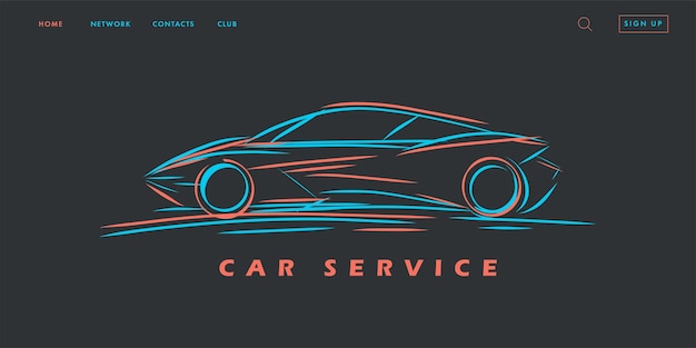 Vector car silhouette in lines concept web banner for car service company linear dynamic illustration