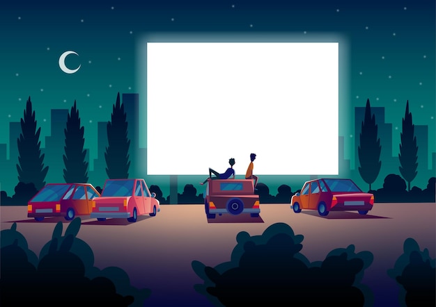 Car street cinema. Drive-in theater with automobiles stand in open air parking at night. Large outdoor screen. Cinema night.