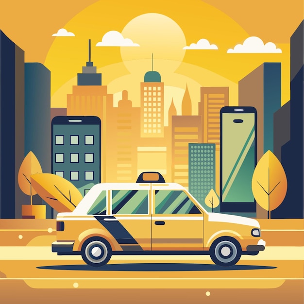 Vector car taxi with app using yellow pallete vector illustration flat 2