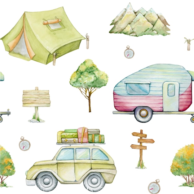 car tent motorhome mountains trees compass watercolor seamless pattern on an isolated background