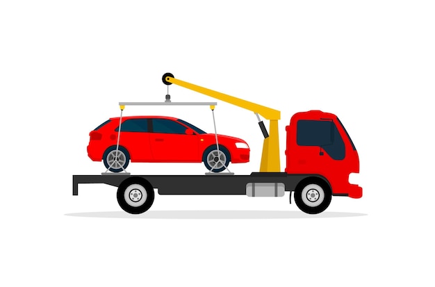 Car on tow truck. Roadside assistance. Vector illustration. Flat design.