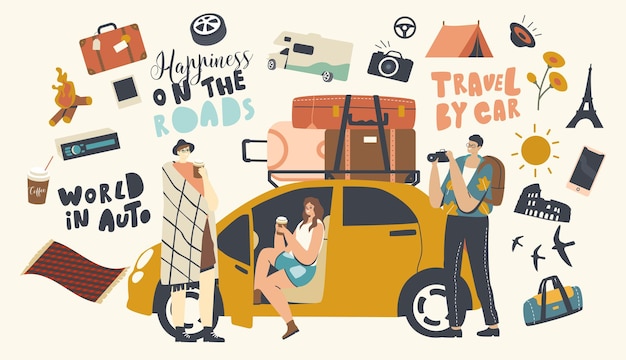 Car Travel Concept. Friends Company with Camping Stuff and Luggage Traveling by Automobile. Male and Female Characters Enjoy Auto Tourism. People Drink Coffee, Make Photo. Linear Vector Illustration