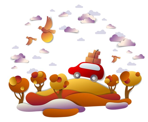 Car travel and tourism in autumn, red minivan with luggage riding off road in orange fall meadows among trees, birds and clouds in the sky, paper cut vector illustration of auto in scenic landscape.