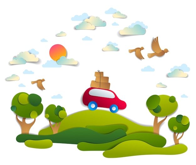 Car travel and tourism, red minivan with luggage riding off road in green meadows among trees, birds and clouds in the sky, paper cut vector illustration of auto in scenic nature landscape.