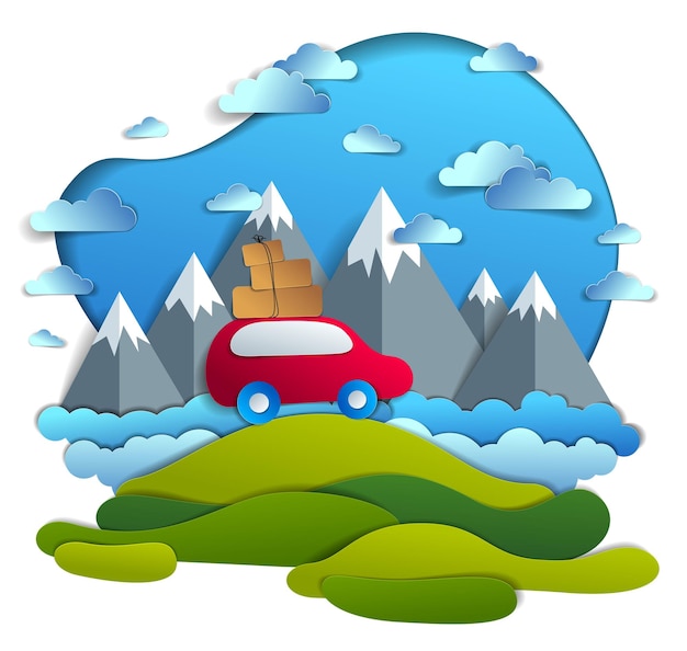 Car travel and tourism, red minivan with luggage riding off road with mountain peaks in background, clouds in the sky, paper cut vector illustration of auto in scenic nature landscape.