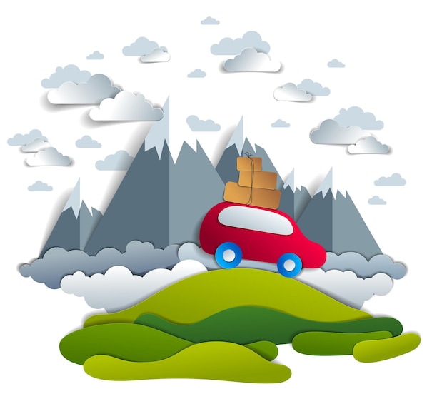 Car travel and tourism, red minivan with luggage riding off road with mountain peaks in background, clouds in the sky, paper cut vector illustration of auto in scenic nature landscape.