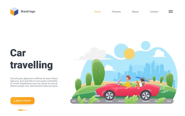 Car traveling landing page man woman travelers sitting in cabriolet to travel by car