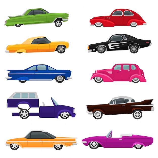 Car vector vintage low rider auto and retro old automobile transport illustration set