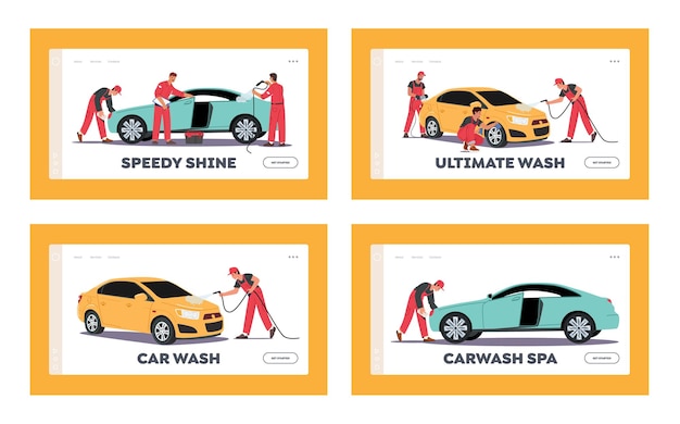 Car Wash Cleaning Service Landing Page Template Set Company Employees Characters Working Process Workers Wear Uniform