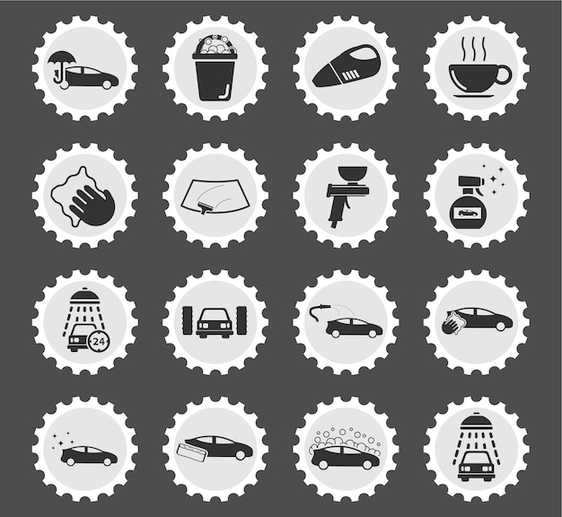 Car wash icons on stylized round postage stamps