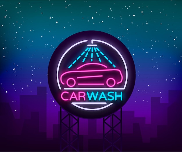 Car wash logo design emblem in neon style illustration Template concept luminous sign on the theme of washing cars Advertising Billboard