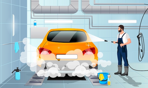 Vector car wash service carwash interior inside worker in uniform washing automobile with foam by high pressure water professional detailing washer in auto spa cleaning garage station vector illustration