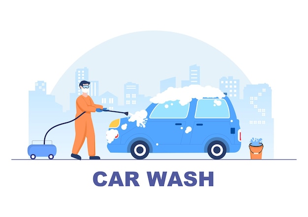 Car Wash Service Flat Design illustration. Workers Washing Automobile Using Sponges Soap and Water for Background, Poster or Banner