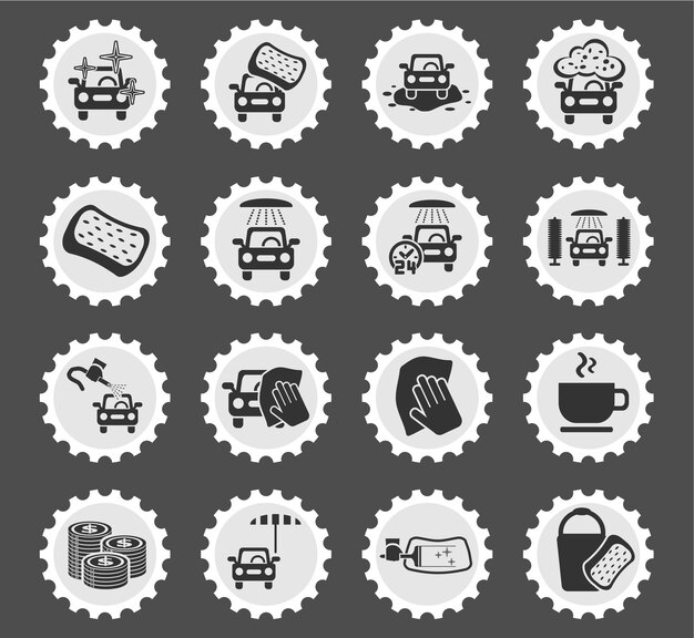 Car wash service icons on stylized round postage stamps