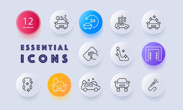 Car wash service set icon Foam around the clock cleanser water drops clean shine sponge hand seat interior cleaning brushes hose tires Technology concept Neomorphism Vector line icon