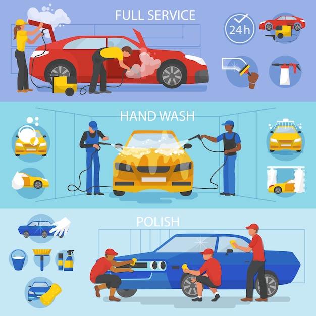 Car wash vector car-washing service with people cleaning auto or vehicle illustration set of car-wash and characters washers or cleaners polishing automobile isolated on white