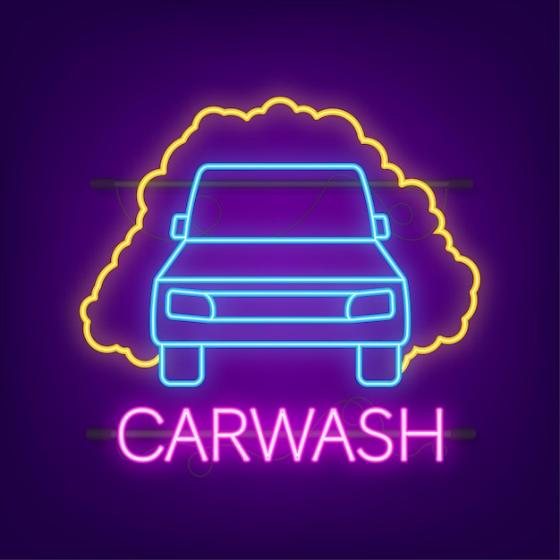 Vector car wash vehicle in foam neon icon cleaning car vector stock illustration