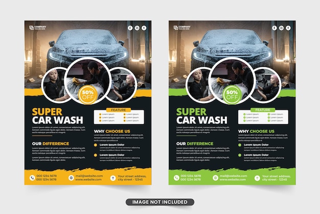 Car washing service flyer. Car wash and cleaning service cover template. Vehicle Cleaning service flyer vector. Car wash promotion offer brochure. Vehicle washing service banner.