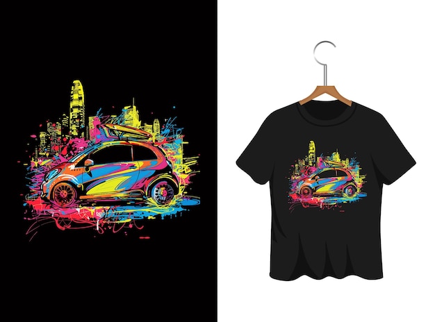 Car with city illustration for t shirts design