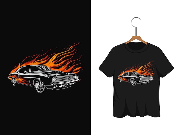 Car with fire illustration for t shirts design