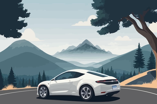 Vector a car with a mountain in the background and a car with trees in the background