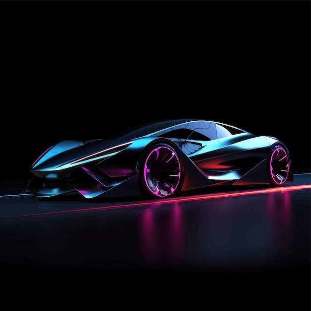 Car with neon lights on a dark background Sports car futuristic autonomous vehicle HUD car