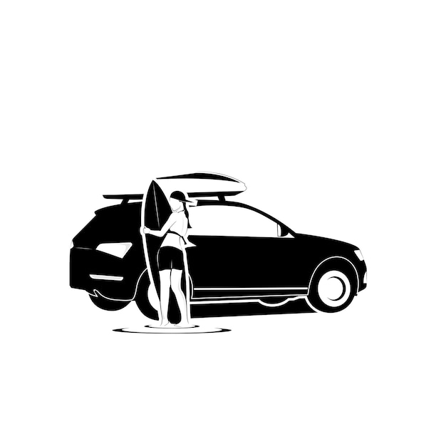 car and woman surfing logo