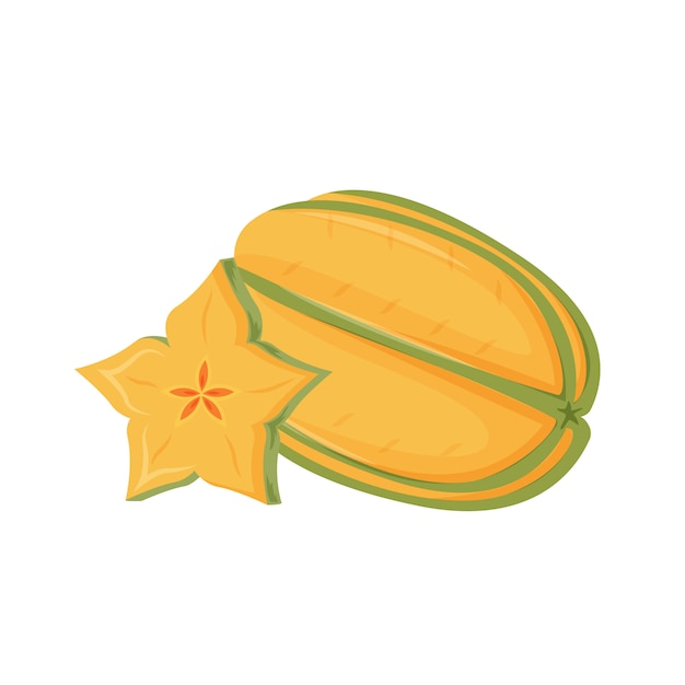 Carambola cartoon  illustration. Organic dessert, juicy star apple, ripe tropical fruit  color object. Sliced starfruit, exotic salad ingredient  on white background