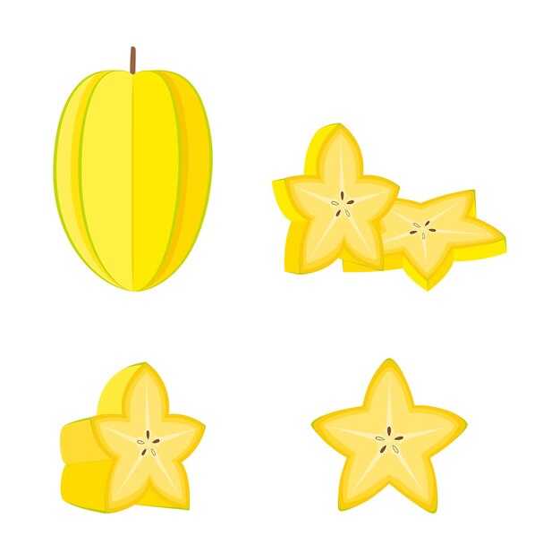 Vector carambola (star fruit), whole fruit, half and slices, vector illustration