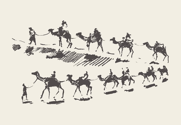 Caravan of camels in desert, hand drawn vector illustration, sketch